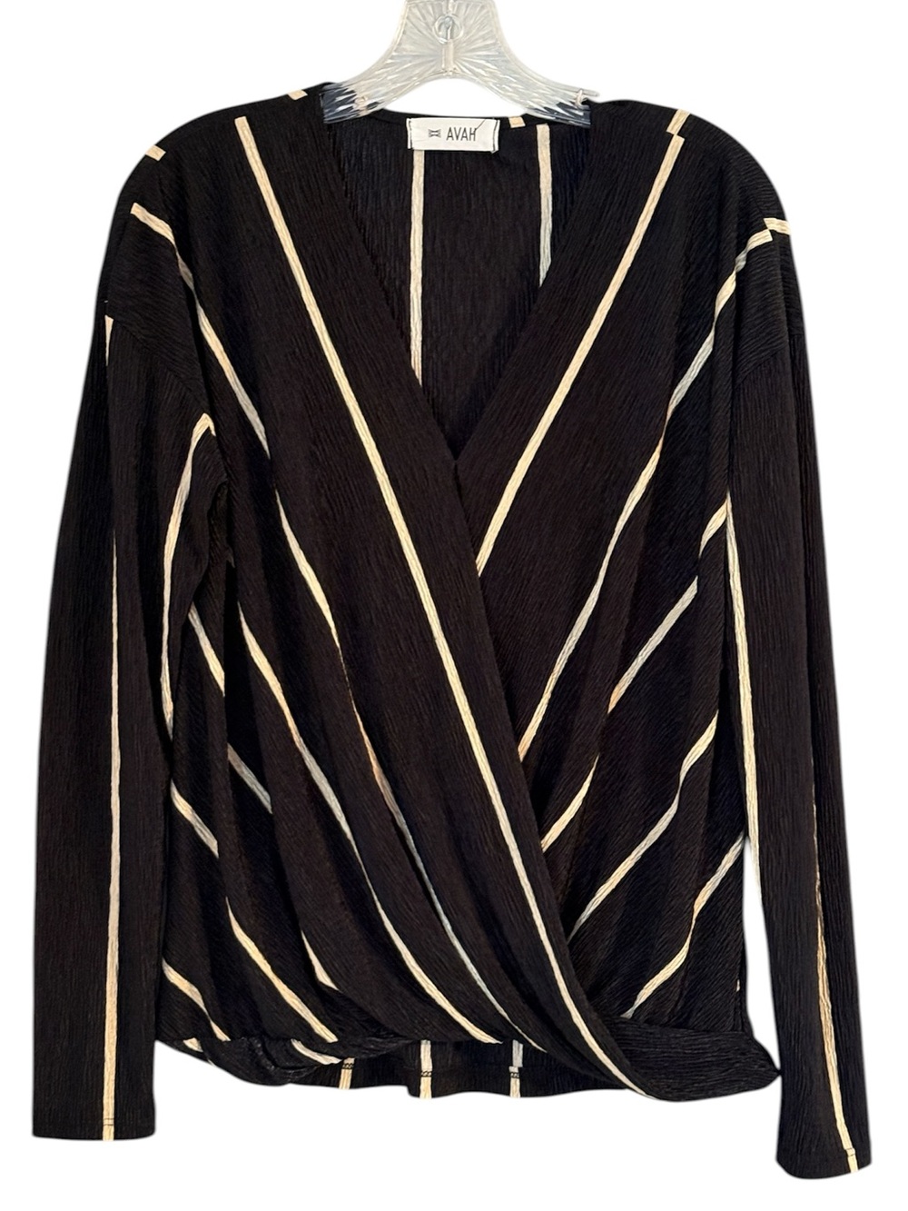 AVAH Black Wrap Top with Cream Stripes Wrap-Front Blouse